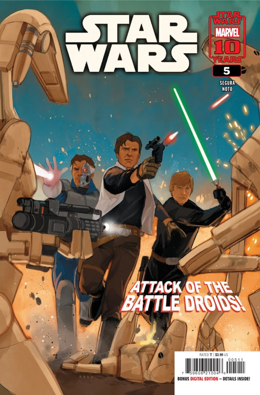 MARVEL COMICS STAR WARS #5
Comic book cover featuring characters from 'Star Wars' with battle droids and a spaceship.