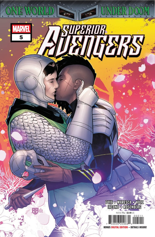 MARVEL COMICS SUPERIOR AVENGERS #5 (OF 6)
Comic book cover of 'Superior Avengers' featuring two characters in superhero costumes against a colorful background.