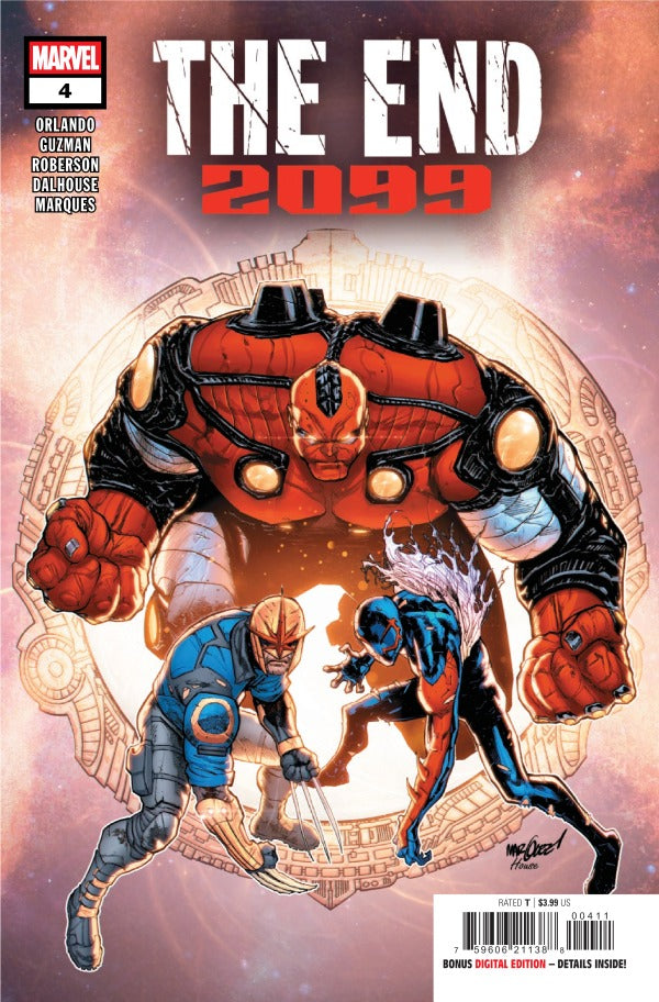 MARVEL COMICS THE END 2099 #4
Comic book cover featuring a large robot and two smaller figures, with 'Marvel' logo and 'The End 2099' text.