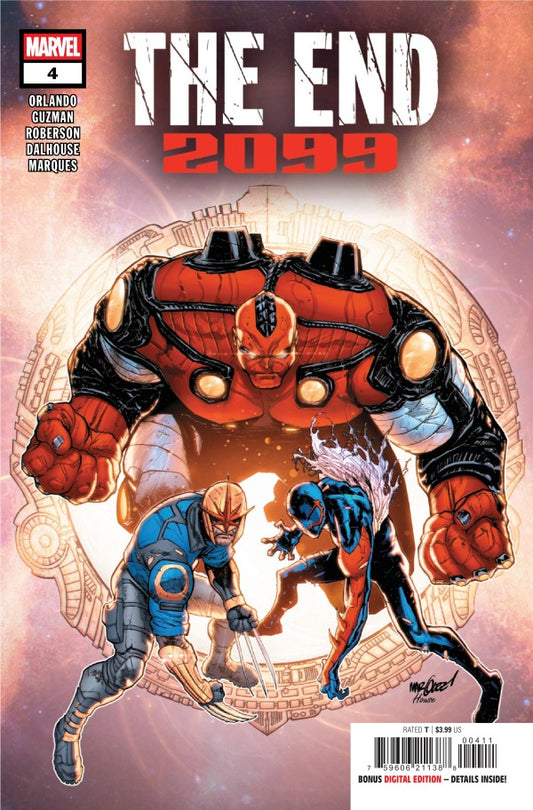 MARVEL COMICS THE END 2099 #4
Comic book cover featuring a large robot and two smaller figures, with 'Marvel' logo and 'The End 2099' text.