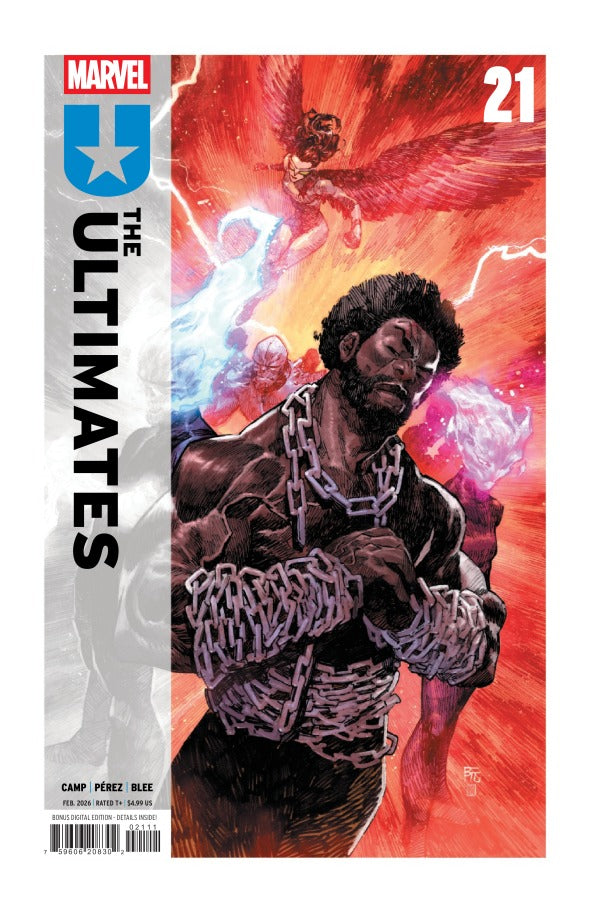 MARVEL COMICS ULTIMATES #21
Comic book cover featuring a character from 'The Ultimates' with chains and a dynamic background.