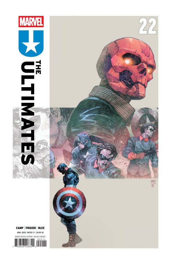 MARVEL COMICS ULTIMATES #22
Comic book cover of 'The Ultimates' featuring a character with a red helmet and another holding a shield.