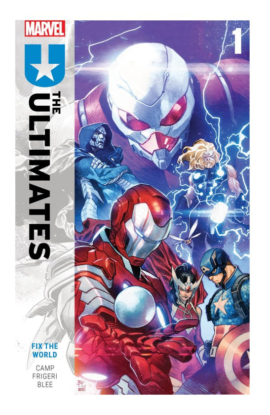MARVEL COMICS ULTIMATES VOL. 1 - FIX THE WORLD TP
Comic book cover of 'The Ultimates' featuring superhero characters with a dynamic background.