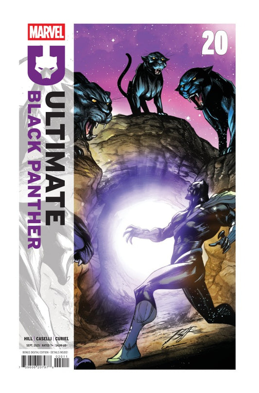 MARVEL COMICS ULTIMATE BLACK PANTHER #20
Comic book cover of 'Ultimate Black Panther' with a panther and character on a purple and pink background.