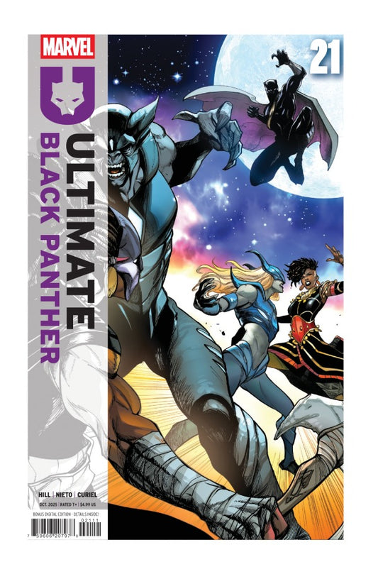 MARVEL COMICS ULTIMATE BLACK PANTHER #21
Comic book cover featuring 'Ultimate Black Panther' with a superhero in action pose against a cosmic background.