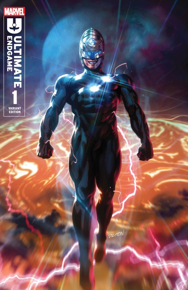 MARVEL COMICS ULTIMATE ENDGAME #1 - COVER B - DERRICK CHEW FOIL VARIANT
Comic book cover featuring a superhero in a dynamic pose with vibrant background