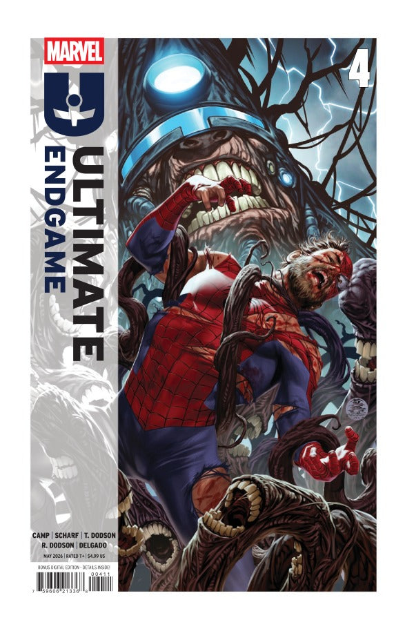 MARVEL COMICS ULTIMATE ENDGAME #4
Comic book cover featuring a superhero in a dynamic pose with a monstrous creature in the background, titled 'Ultimate Endgame'.