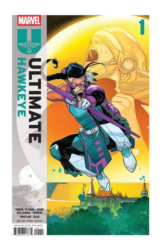 MARVEL COMICS ULTIMATE HAWKEYE #1
Comic book cover featuring 'Ultimate Hawkeye' with a superhero in action pose against a colorful background.