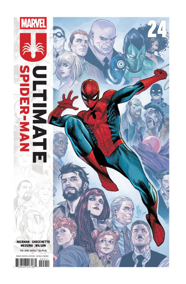 MARVEL COMICS ULTIMATE SPIDER-MAN #24
Comic book cover featuring Spider-Man with a group of people in the background, Marvel logo on the top left.