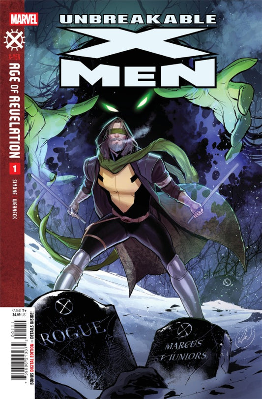  MARVEL COMICS  UNBREAKABLE X-MEN #1
Comic book cover of 'Unbreakable X-Men' featuring a character in a hooded outfit with a dark, eerie background.