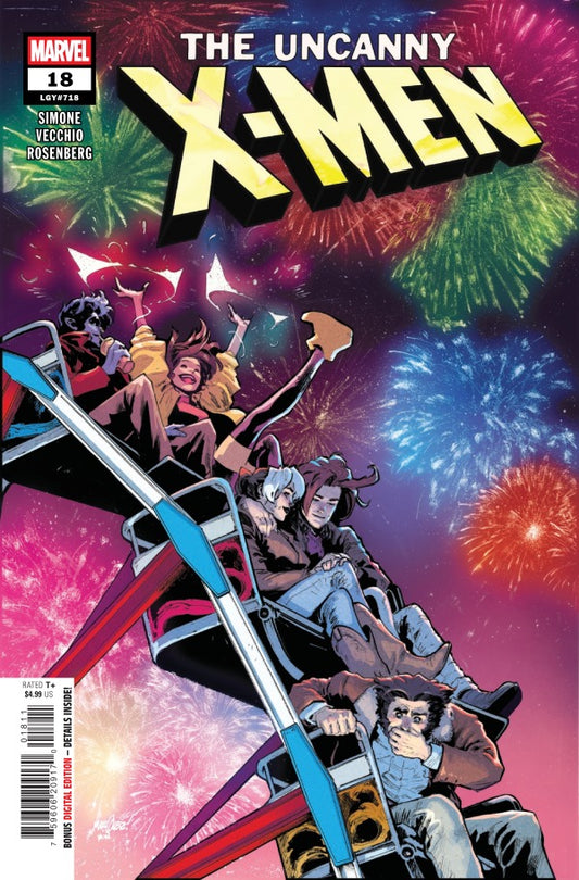 MARVEL COMICS THE UNCANNY X-MEN #18
Comic book cover of 'The Uncanny X-Men' with characters on a roller coaster and fireworks in the background.