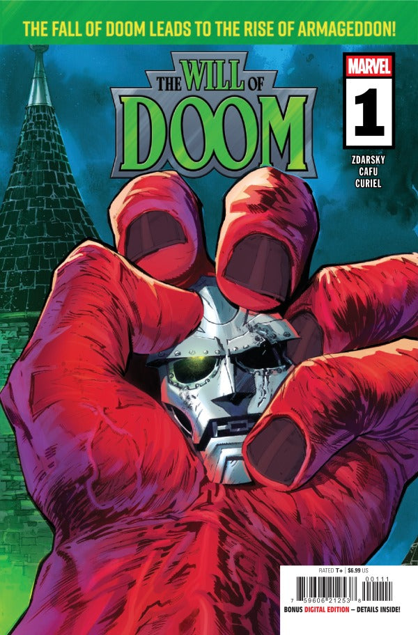 MARVEL COMICS WILL OF DOOM #1
Comic book cover of 'The Will of Doom' with a hooded figure holding a helmet.