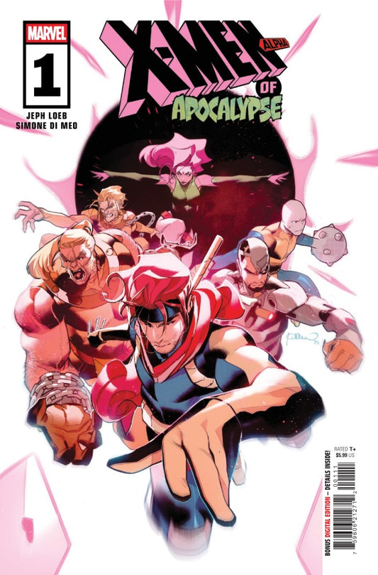 MARVEL COMICS X-MEN OF APOCALYPSE ALPHA #1
Comic book cover featuring characters from 'X-Men: Days of Future Past' with a pink and black background.