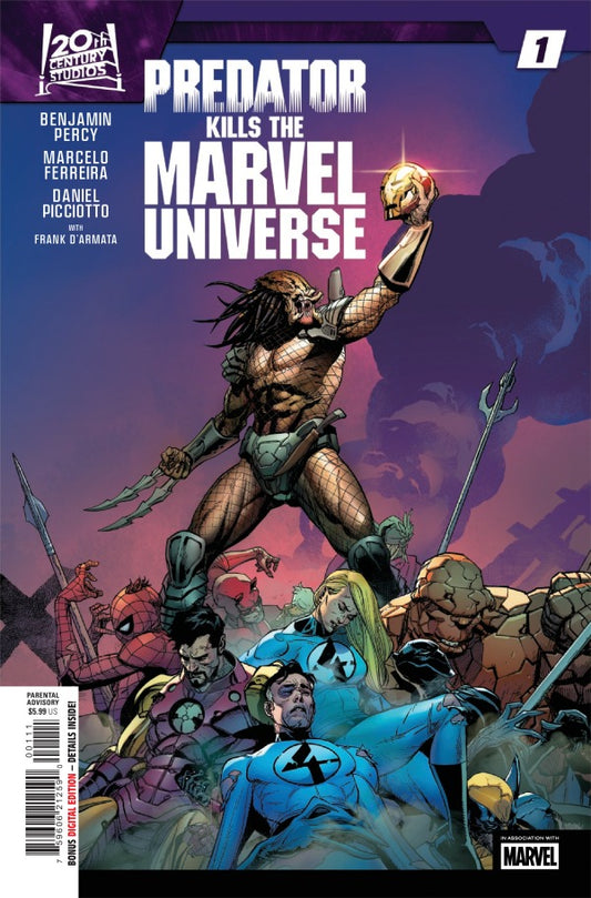 MARVE COMICS PREDATOR KILLS THE MARVEL UNIVERSE #1
Comic book cover featuring a Predator character with Marvel characters in the background