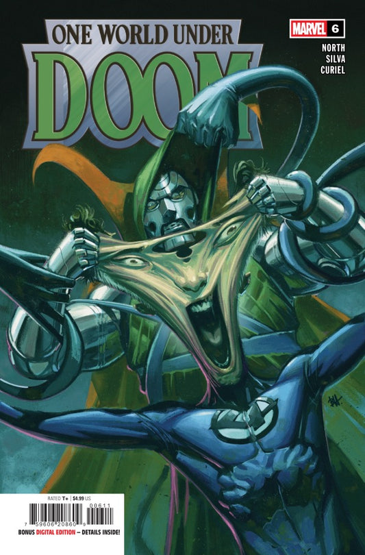 ONE WORLD UNDER DOOM #6 (OF 9)
Comic book cover featuring a superhero character with a green and blue costume, holding a large weapon.