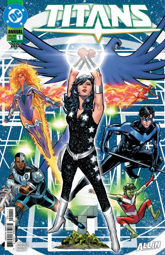 TITANS 2025 ANNUAL #1 (ONE SHOT)
Comic book cover featuring characters from 'Titans' with a space-themed background.